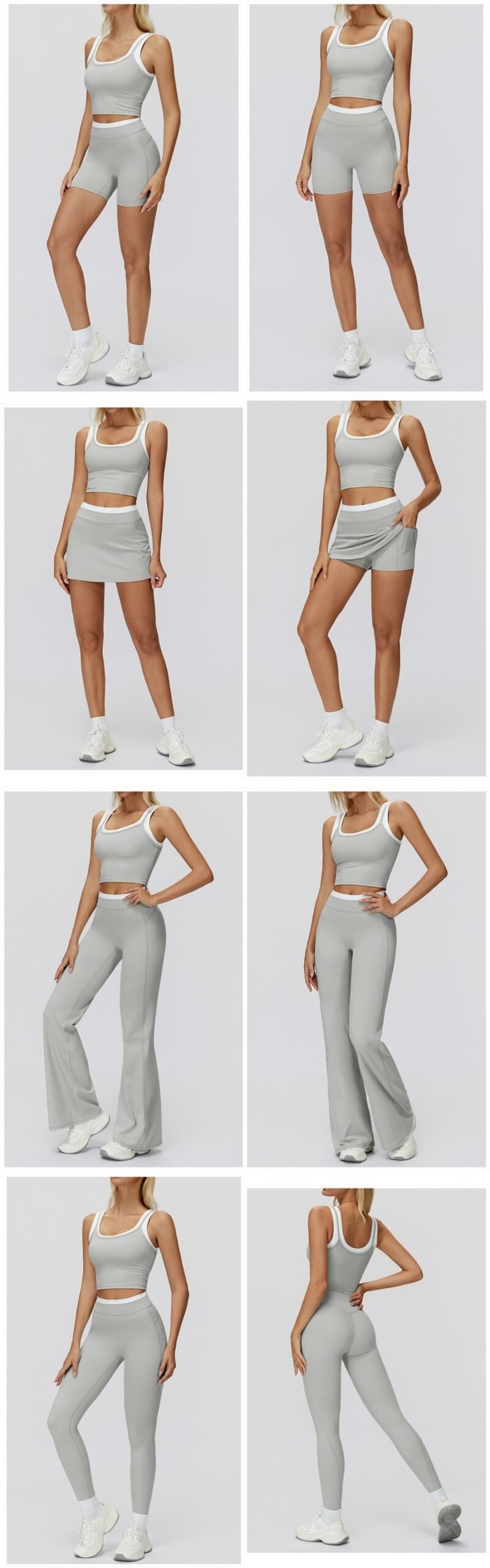 Women's ribbed naked-feel workout set with high-waisted leggings, contrast sports bra, tank top, shorts, skort, and wide-leg pants for fitness and yoga.