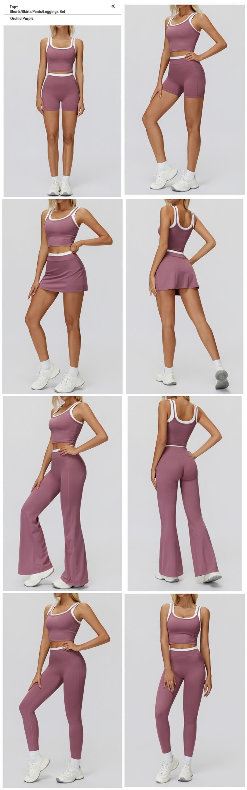 Women's ribbed naked-feel workout set with high-waisted leggings, contrast sports bra, tank top, shorts, skort, and wide-leg pants for fitness and yoga.