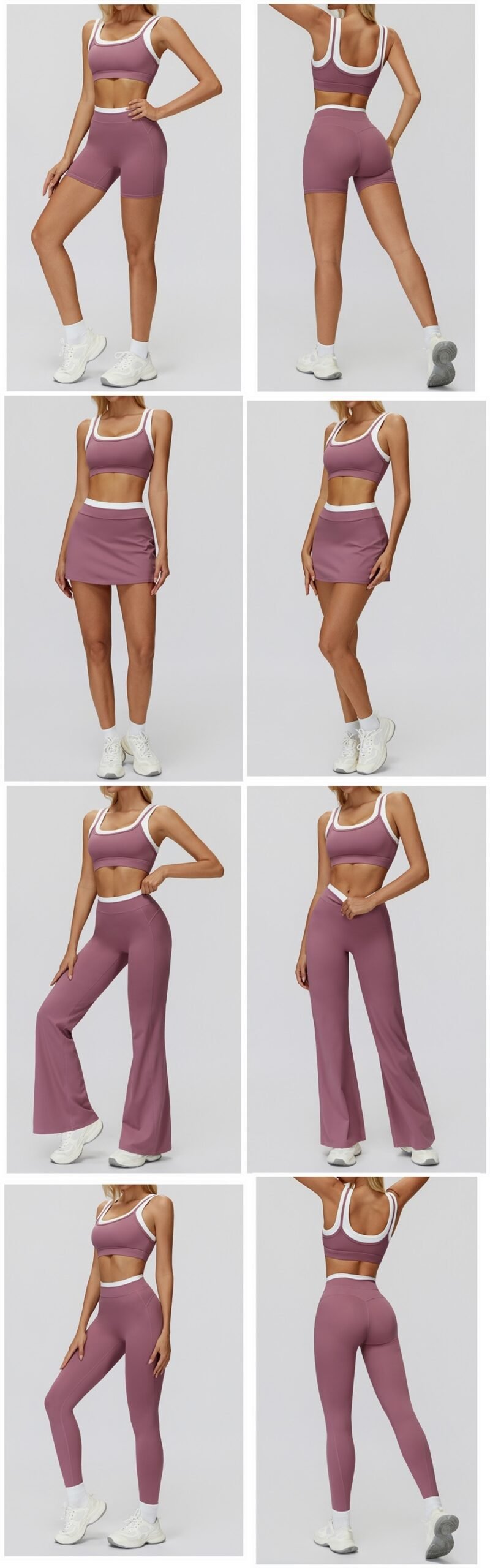 Women's ribbed naked-feel workout set with high-waisted leggings, contrast sports bra, tank top, shorts, skort, and wide-leg pants for fitness and yoga.