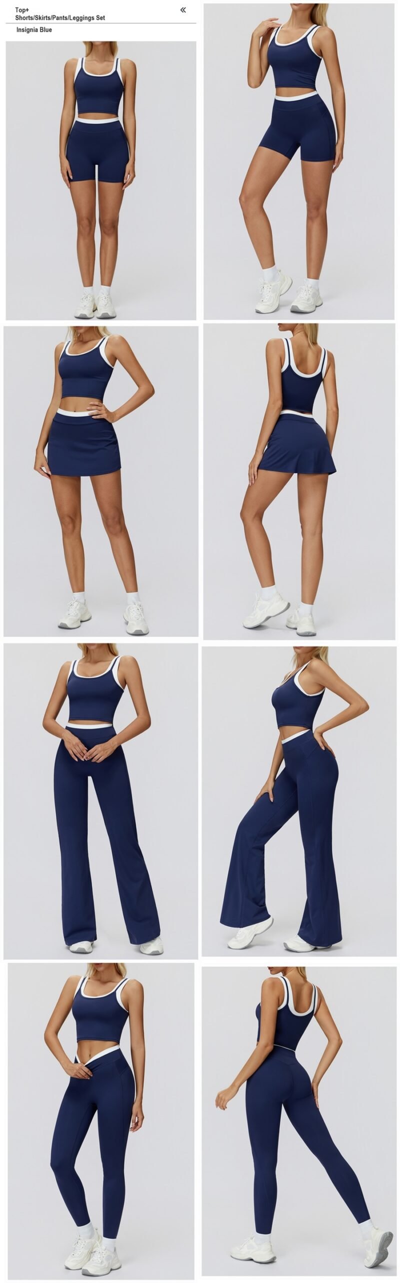 Women's ribbed naked-feel workout set with high-waisted leggings, contrast sports bra, tank top, shorts, skort, and wide-leg pants for fitness and yoga.