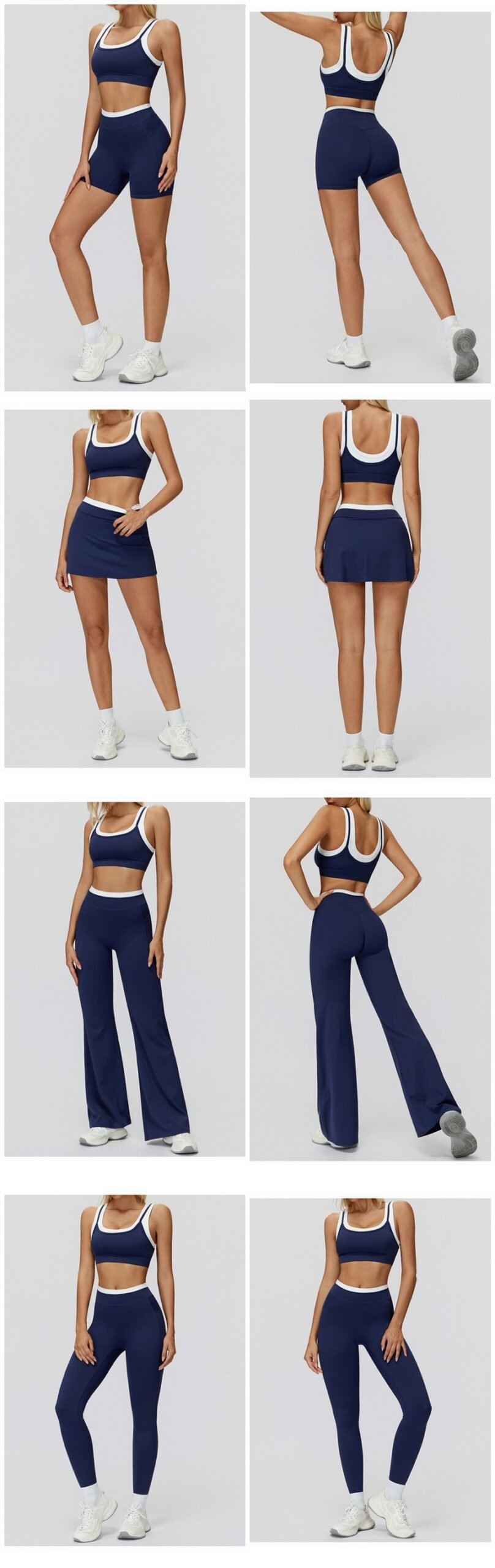 Women's ribbed naked-feel workout set with high-waisted leggings, contrast sports bra, tank top, shorts, skort, and wide-leg pants for fitness and yoga.