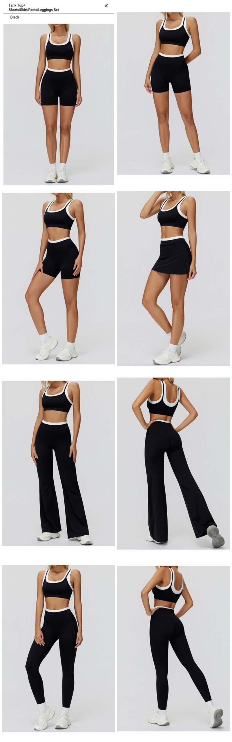 Women's ribbed naked-feel workout set with high-waisted leggings, contrast sports bra, tank top, shorts, skort, and wide-leg pants for fitness and yoga.