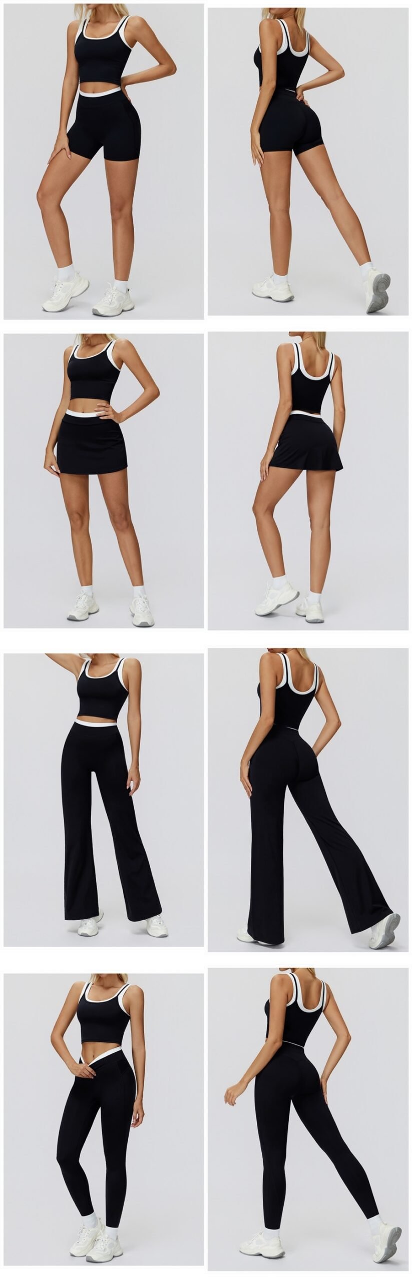 Women's ribbed naked-feel workout set with high-waisted leggings, contrast sports bra, tank top, shorts, skort, and wide-leg pants for fitness and yoga.