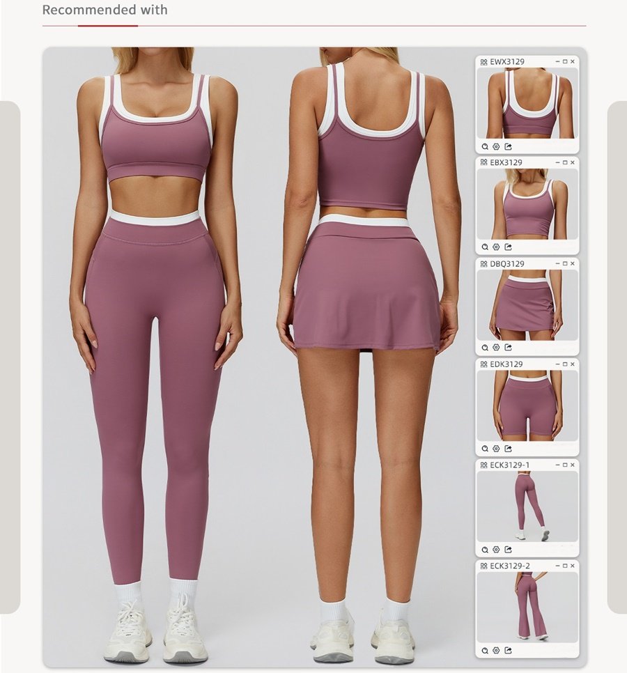 Women's ribbed naked-feel workout set with high-waisted leggings, contrast sports bra, tank top, shorts, skort, and wide-leg pants for fitness and yoga.