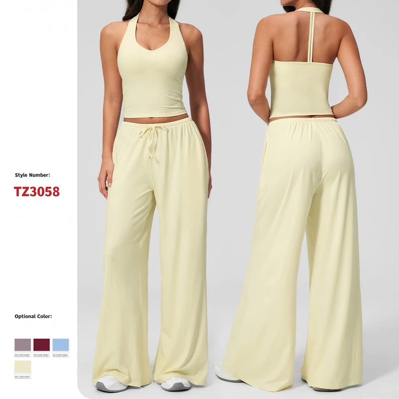Women’s Brushed Yoga Set with Backless Tank Top & Wide Leg Pants