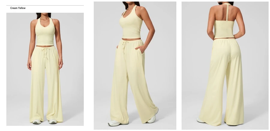 Women’s brushed yoga set with backless halter tank top and wide leg pants for yoga, running, and fitness-cream yellow