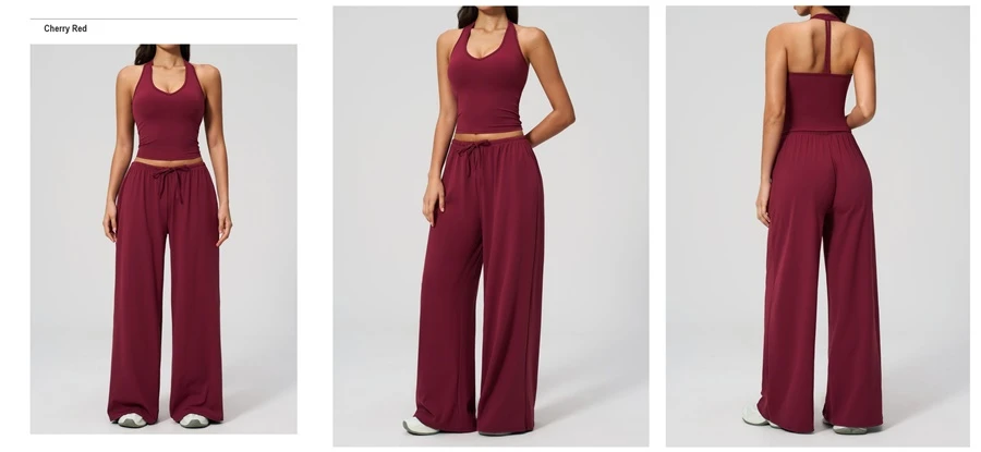 Women’s brushed yoga set with backless halter tank top and wide leg pants for yoga, running, and fitness-cherry red