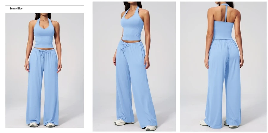 Women’s brushed yoga set with backless halter tank top and wide leg pants for yoga, running, and fitness-sunny blue