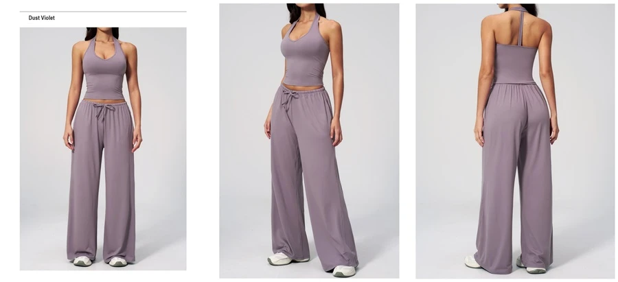 Women’s brushed yoga set with backless halter tank top and wide leg pants for yoga, running, and fitness-dust violet