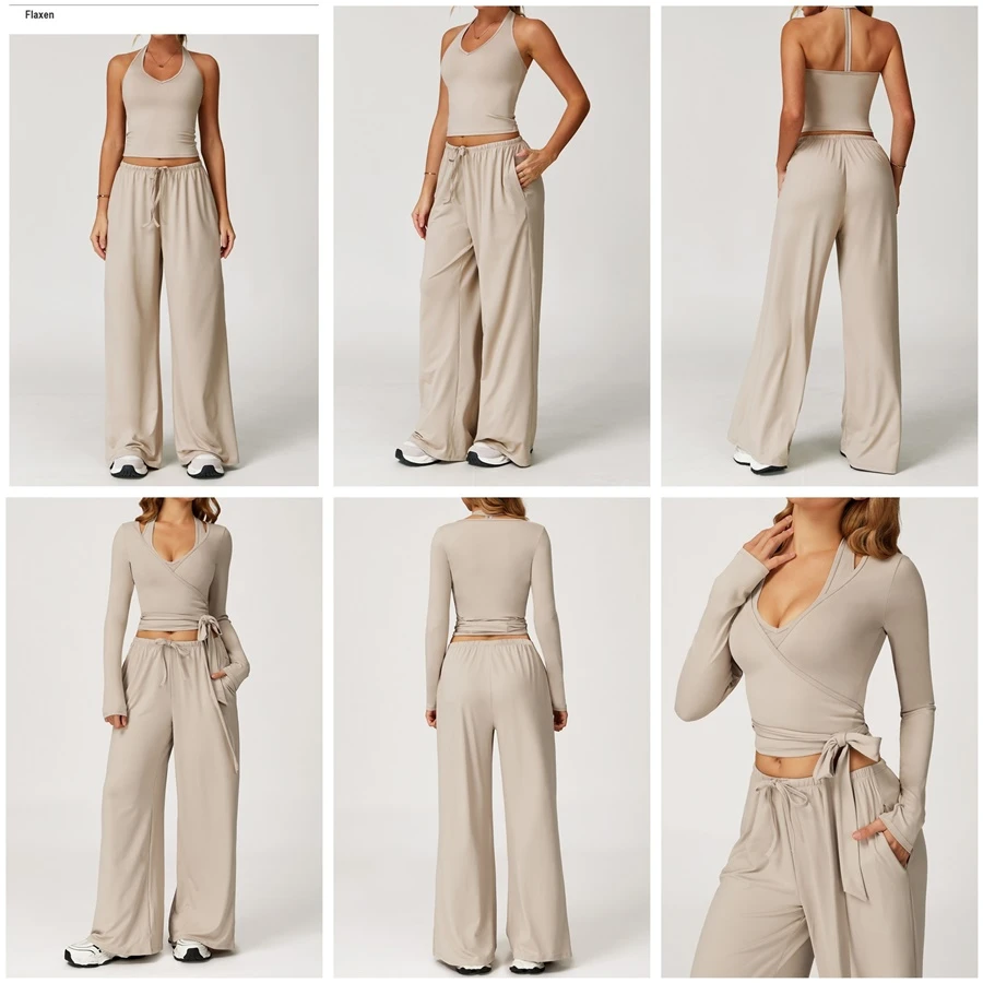 Women’s brushed yoga set with backless halter tank top and wide leg pants for yoga, running, and fitness-flaxen