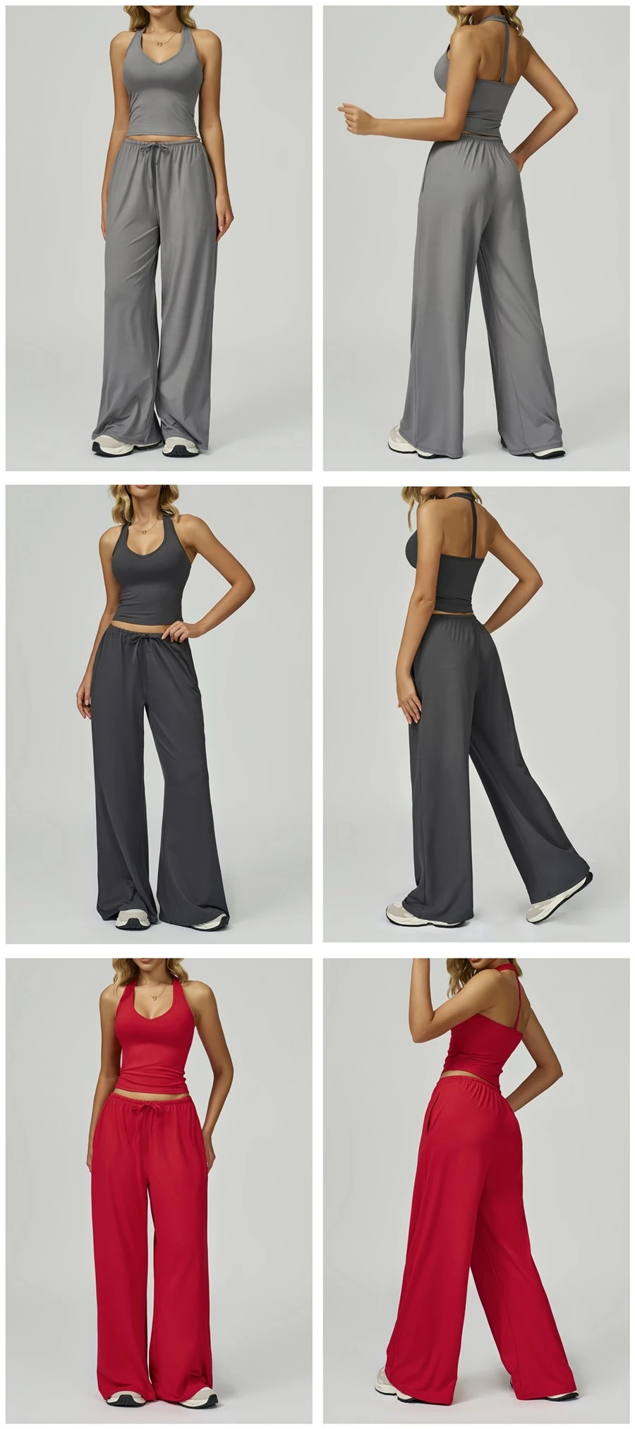 Women’s brushed yoga set with backless halter tank top and wide leg pants for yoga, running, and fitness-gray