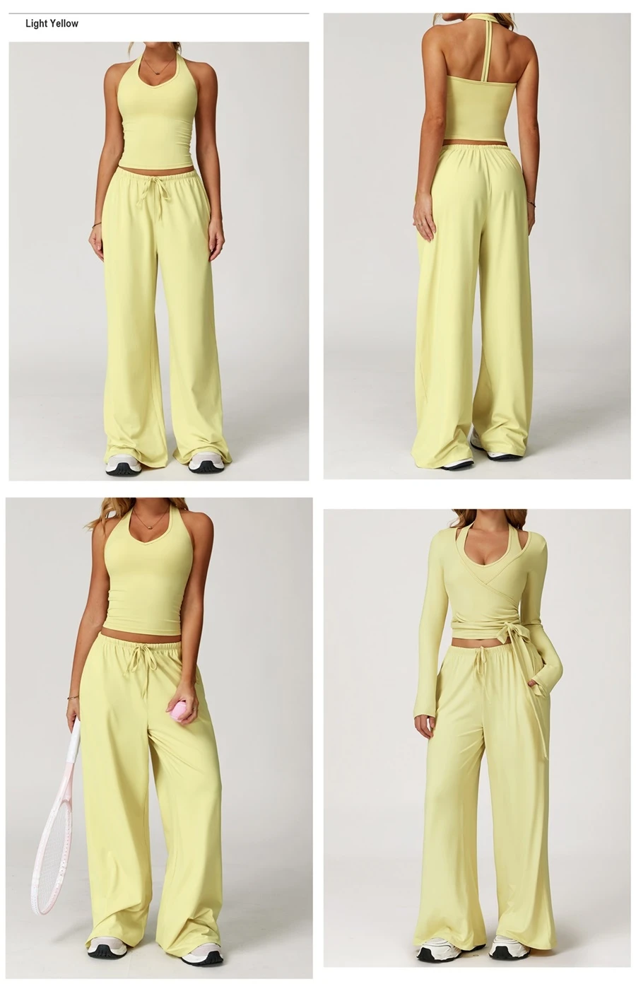 Women’s brushed yoga set with backless halter tank top and wide leg pants for yoga, running, and fitness-light yellow