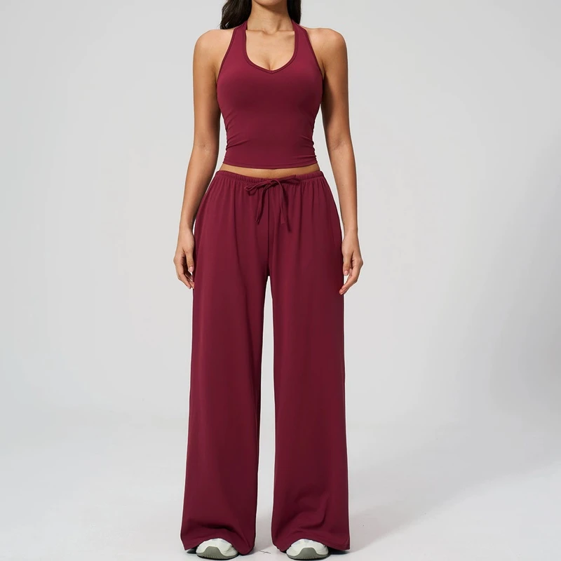 Women’s brushed yoga set with backless halter tank top and wide leg pants for yoga, running, and fitness