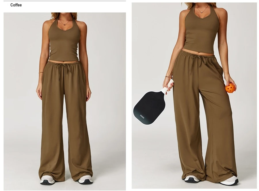 Women’s brushed yoga set with backless halter tank top and wide leg pants for yoga, running, and fitness-coffee