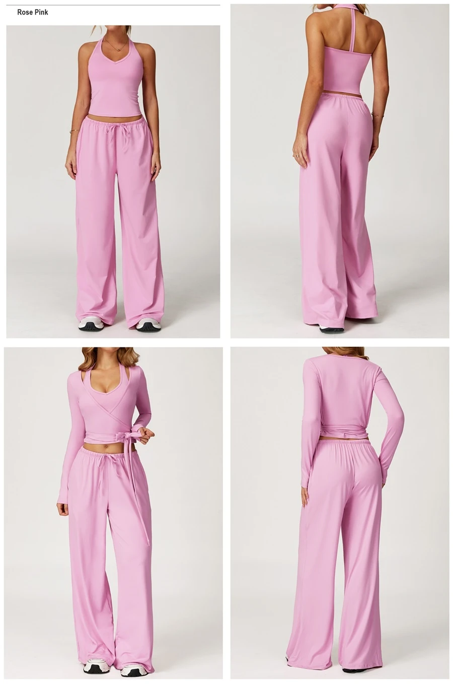 Women’s brushed yoga set with backless halter tank top and wide leg pants for yoga, running, and fitness-rose pink