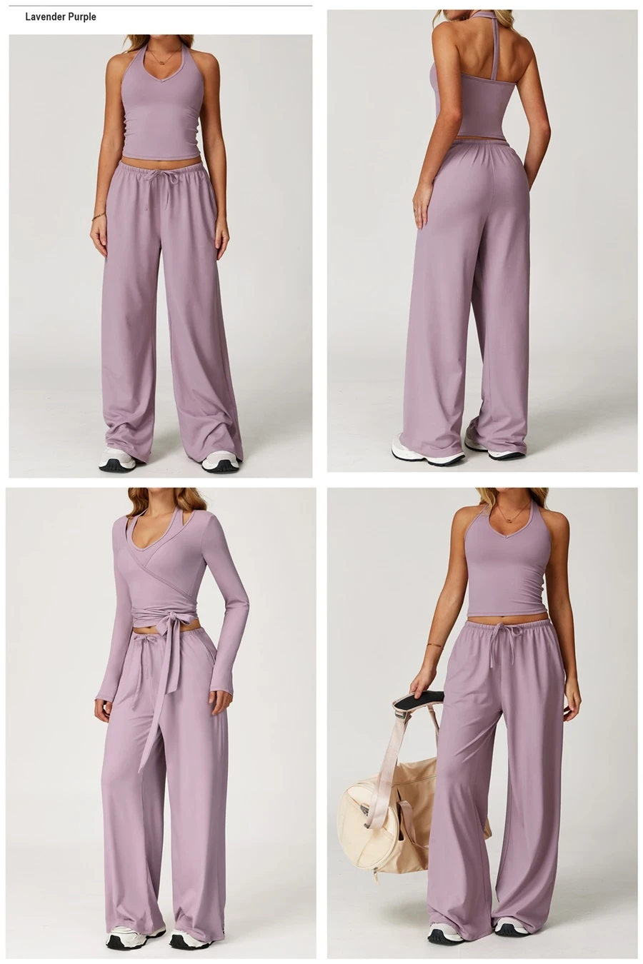 Women’s brushed yoga set with backless halter tank top and wide leg pants for yoga, running, and fitness-lavender purple