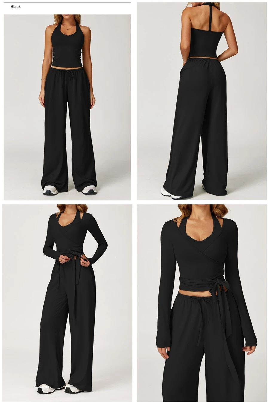 Women’s brushed yoga set with backless halter tank top and wide leg pants for yoga, running, and fitness-black