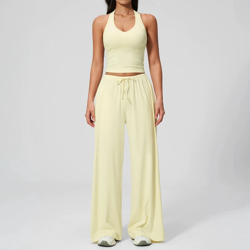 Women’s brushed yoga set with backless halter tank top and wide leg pants for yoga, running, and fitness