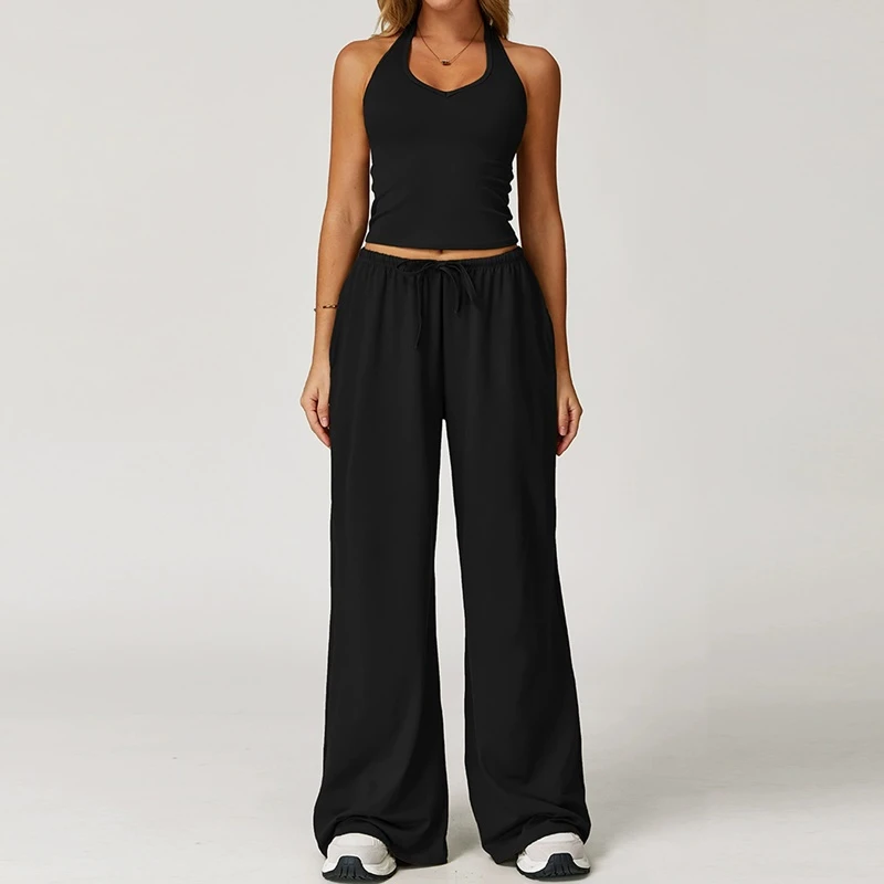 Women’s brushed yoga set with backless halter tank top and wide leg pants for yoga, running, and fitness