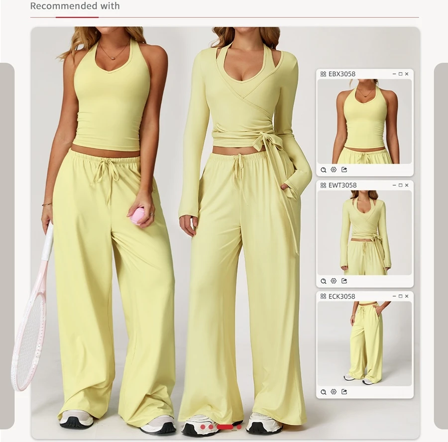 Women’s brushed yoga set with backless halter tank top and wide leg pants for yoga, running, and fitness-matching set