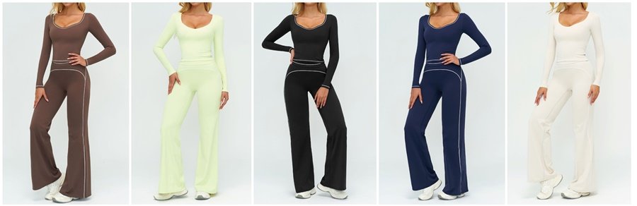 Women wearing color-block brushed yoga set with high-waist leggings and sports bra in studio