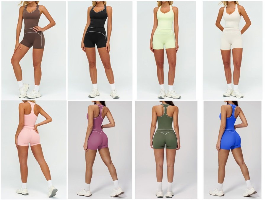 Women wearing color-block brushed yoga set with high-waist leggings and sports bra in studio