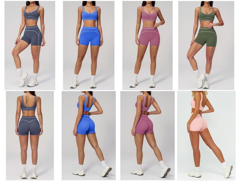 Women wearing color-block brushed yoga set with high-waist leggings and sports bra in studio