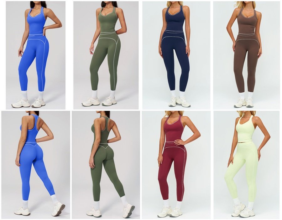 Women wearing color-block brushed yoga set with high-waist leggings and sports bra in studio