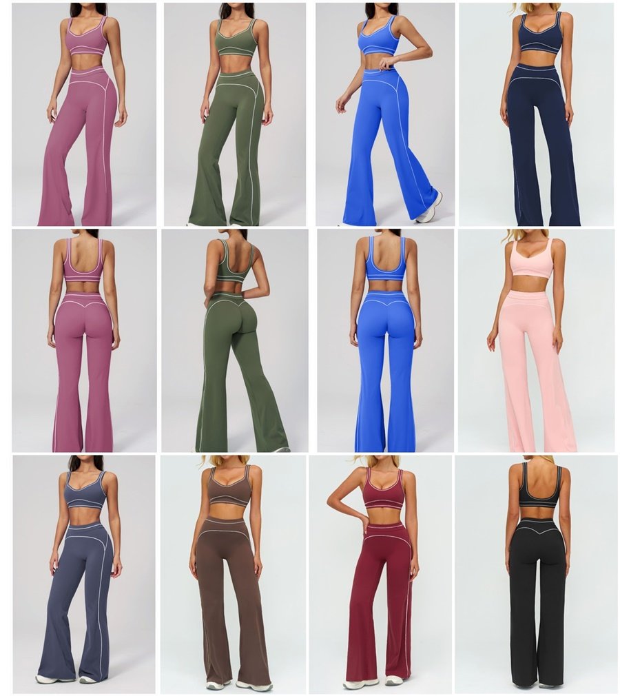 Women wearing color-block brushed yoga set with high-waist leggings and sports bra in studio