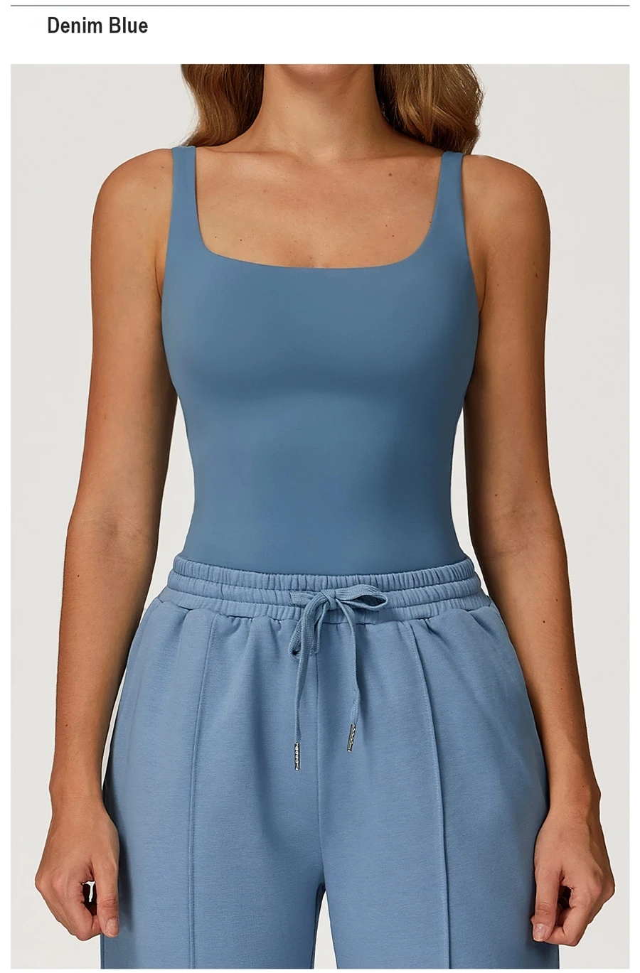 Women’s U-back quick-dry yoga tank top – square neck front view with sculpted open back, fitted tummy-control hem, in brushed nylon-spandex fabric-denim blue front view