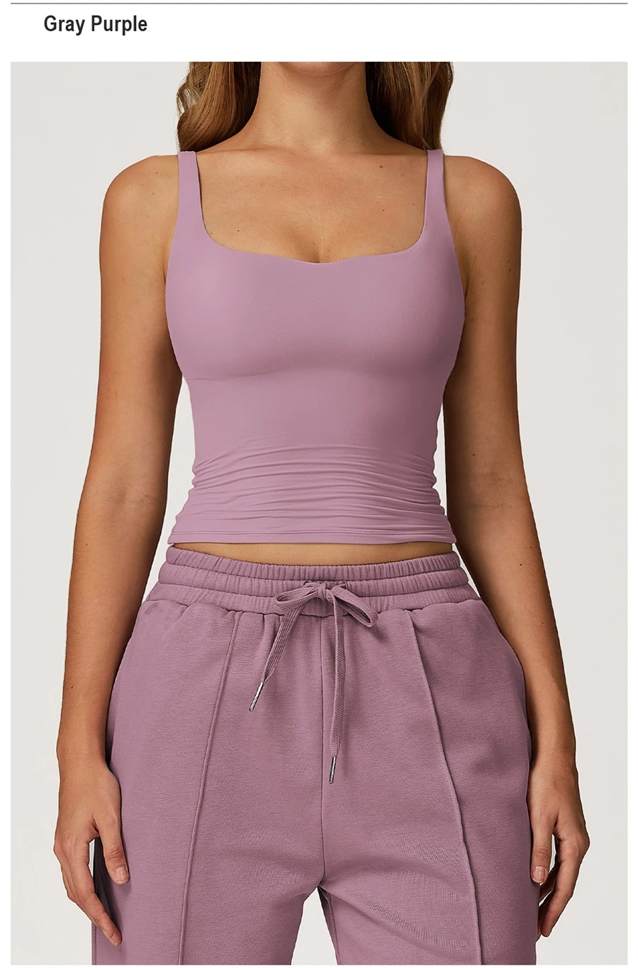 Women’s U-back quick-dry yoga tank top – square neck front view with sculpted open back, fitted tummy-control hem, in brushed nylon-spandex fabric-gray purple front view