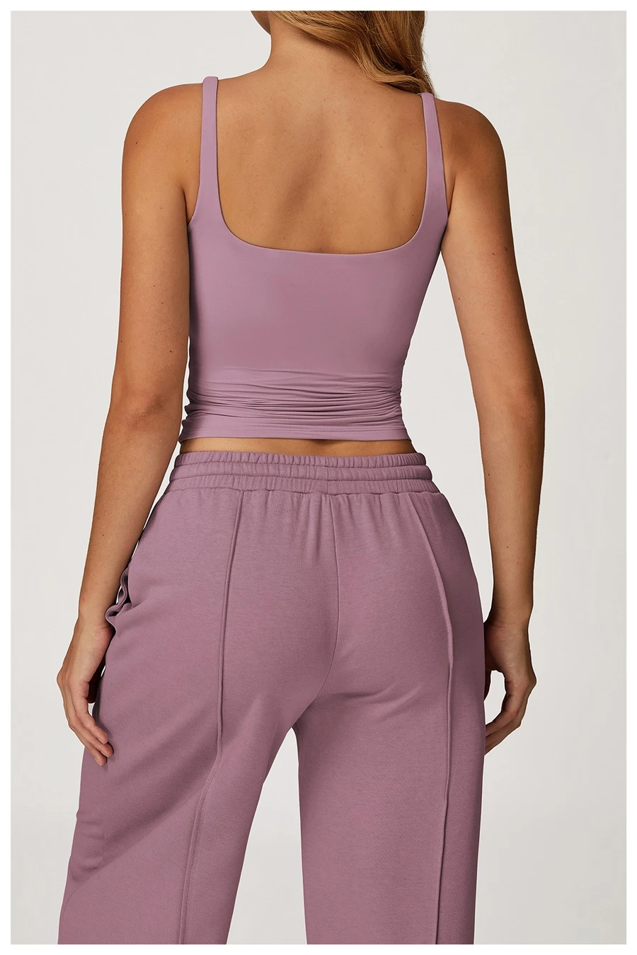 Women’s U-back quick-dry yoga tank top – square neck front view with sculpted open back, fitted tummy-control hem, in brushed nylon-spandex fabric-gray purple back view