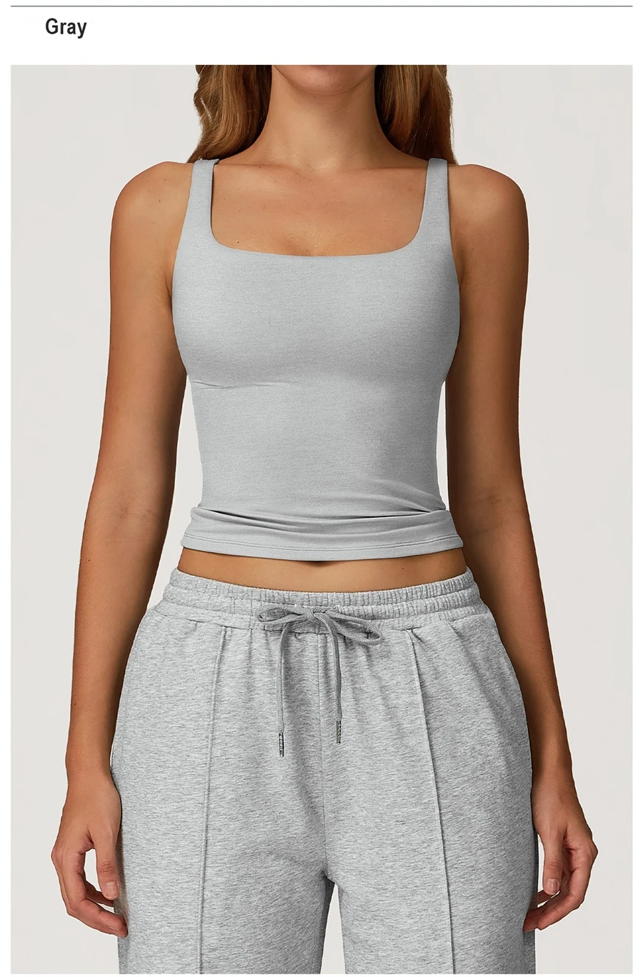 Women’s U-back quick-dry yoga tank top – square neck front view with sculpted open back, fitted tummy-control hem, in brushed nylon-spandex fabric-gray front view
