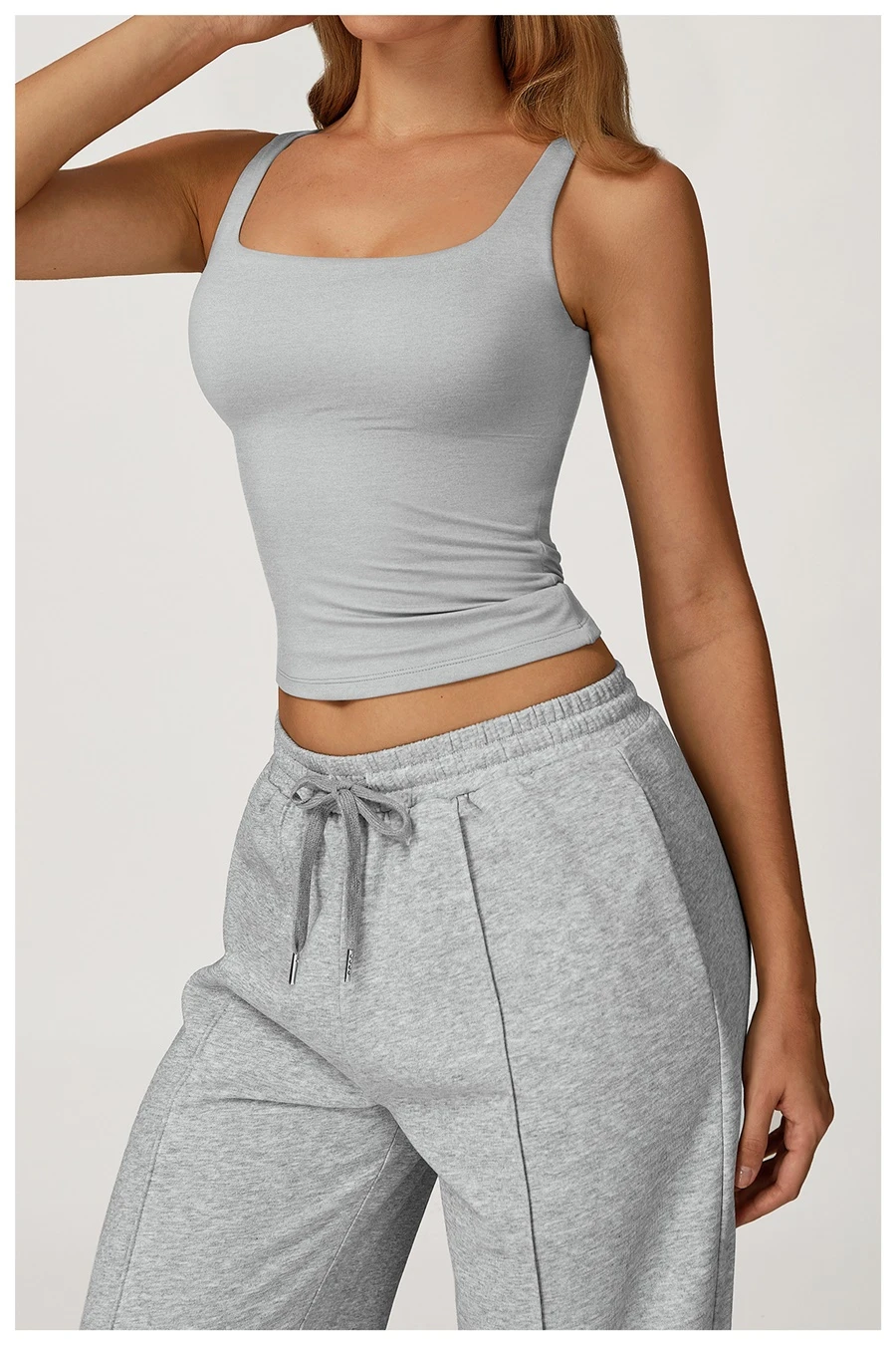 Women’s U-back quick-dry yoga tank top – square neck front view with sculpted open back, fitted tummy-control hem, in brushed nylon-spandex fabric-gray side view