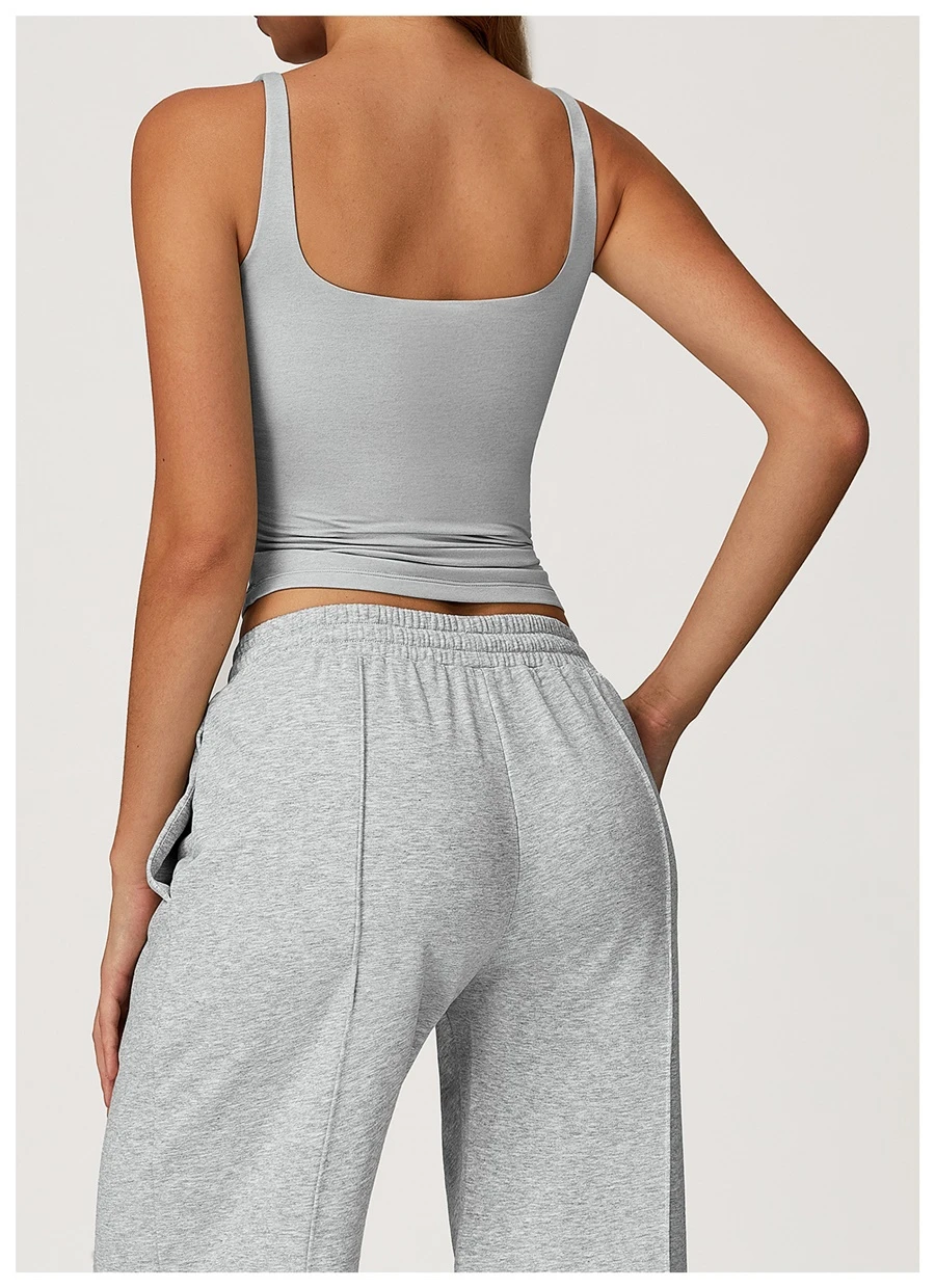 Women’s U-back quick-dry yoga tank top – square neck front view with sculpted open back, fitted tummy-control hem, in brushed nylon-spandex fabric-gray back view