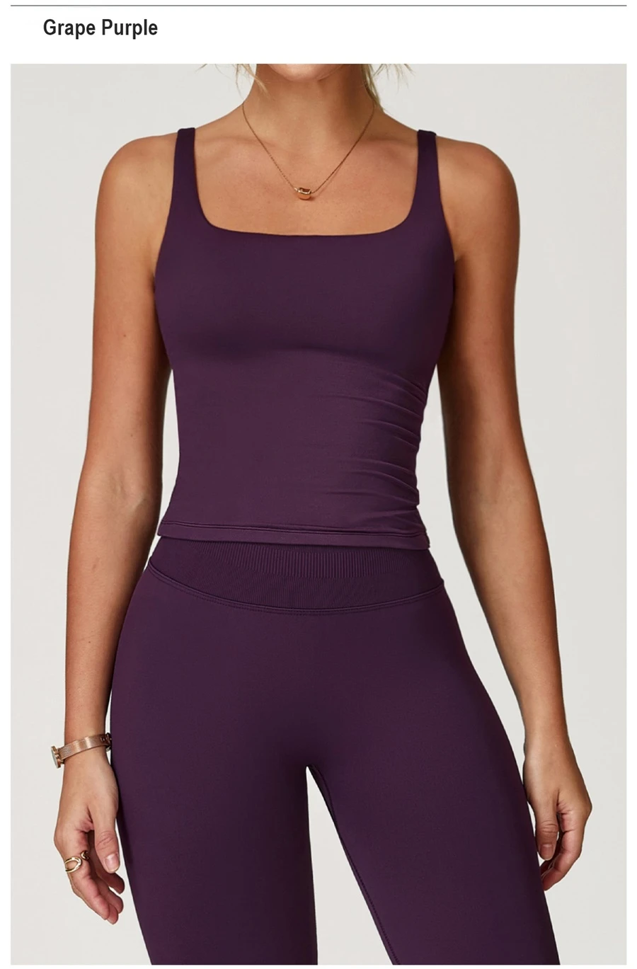 Women’s U-back quick-dry yoga tank top – square neck front view with sculpted open back, fitted tummy-control hem, in brushed nylon-spandex fabric-grape purple front view