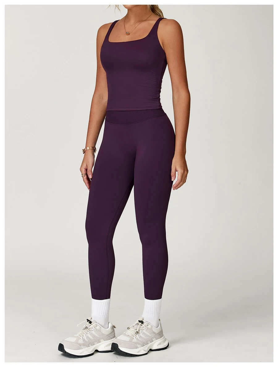 Women’s U-back quick-dry yoga tank top – square neck front view with sculpted open back, fitted tummy-control hem, in brushed nylon-spandex fabric-grape purple side view