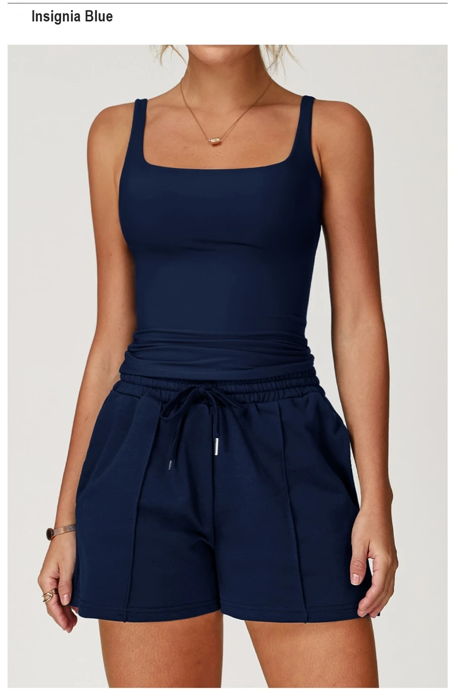 Women’s U-back quick-dry yoga tank top – square neck front view with sculpted open back, fitted tummy-control hem, in brushed nylon-spandex fabric-insignia blue front view