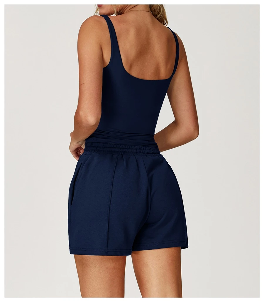 Women’s U-back quick-dry yoga tank top – square neck front view with sculpted open back, fitted tummy-control hem, in brushed nylon-spandex fabric-insignia blue back view
