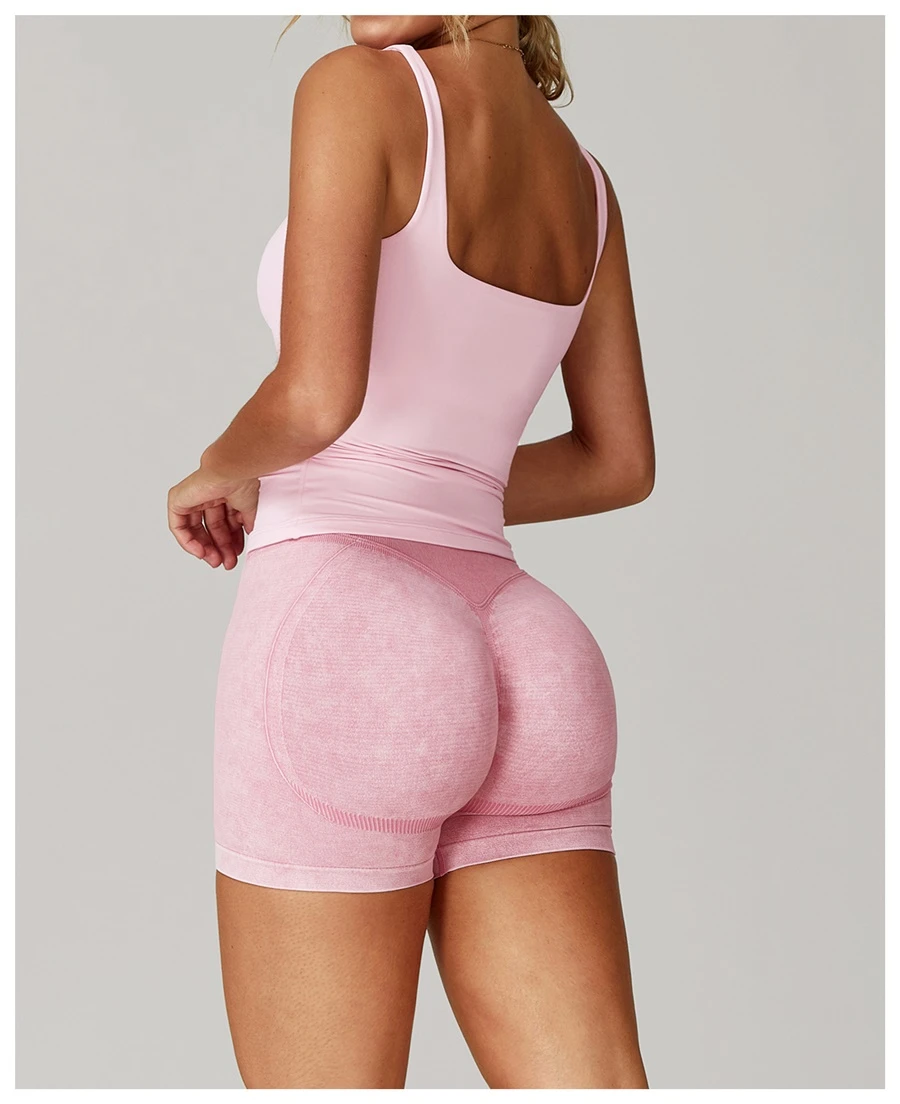 Women’s U-back quick-dry yoga tank top – square neck front view with sculpted open back, fitted tummy-control hem, in brushed nylon-spandex fabric-saskura pink back view