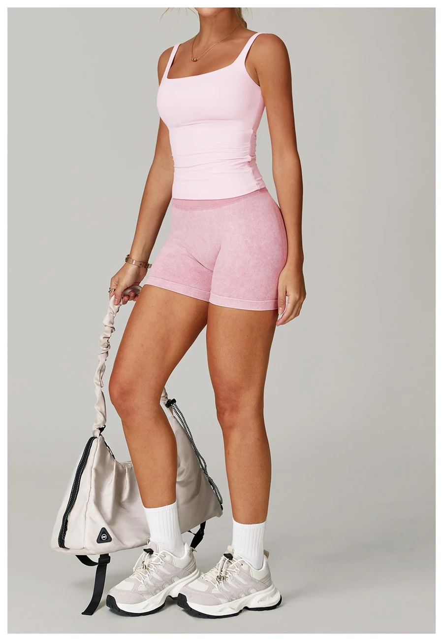 Women’s U-back quick-dry yoga tank top – square neck front view with sculpted open back, fitted tummy-control hem, in brushed nylon-spandex fabric-sakura pink