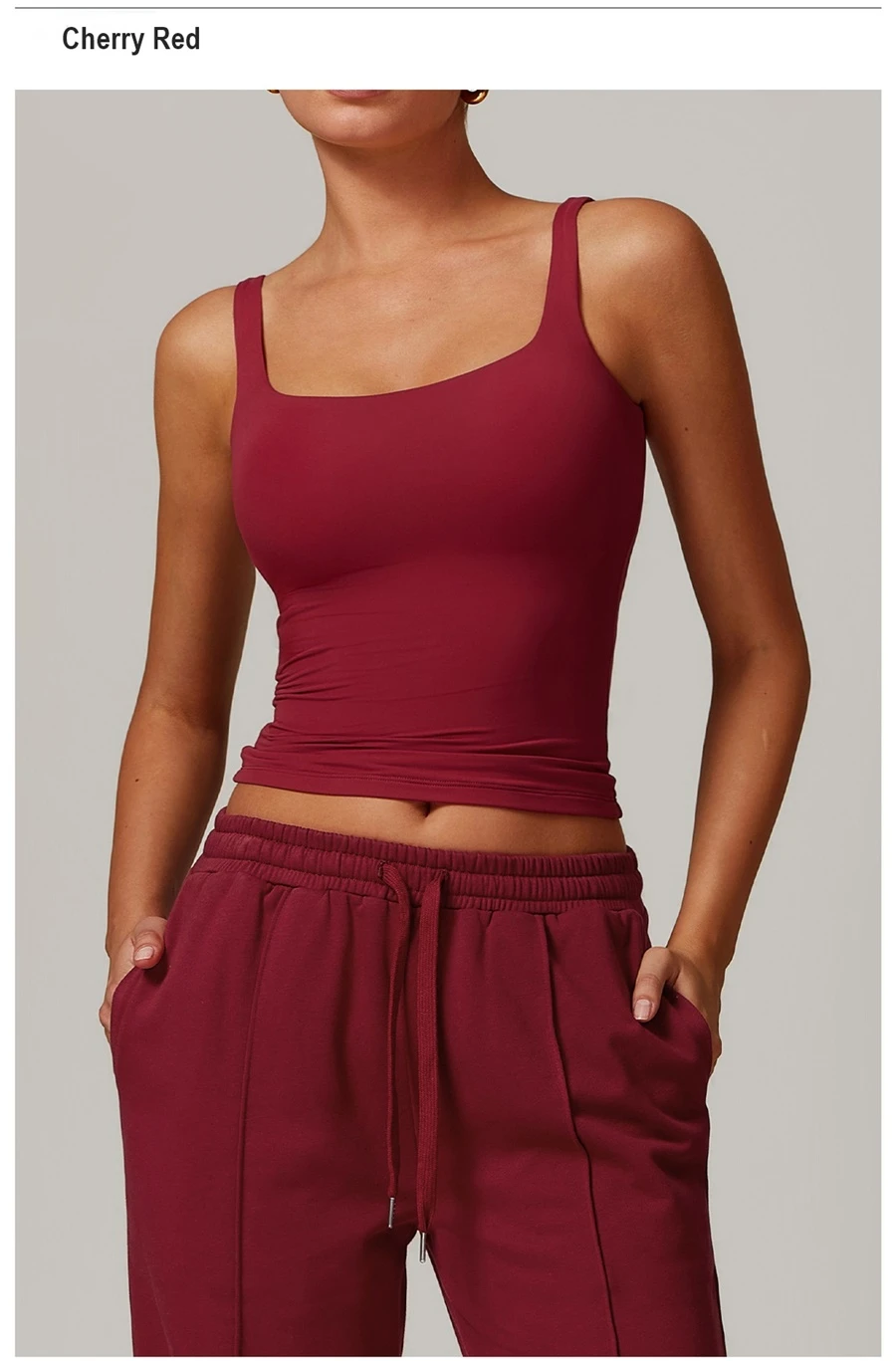 Women’s U-back quick-dry yoga tank top – square neck front view with sculpted open back, fitted tummy-control hem, in brushed nylon-spandex fabric-cherry red front view