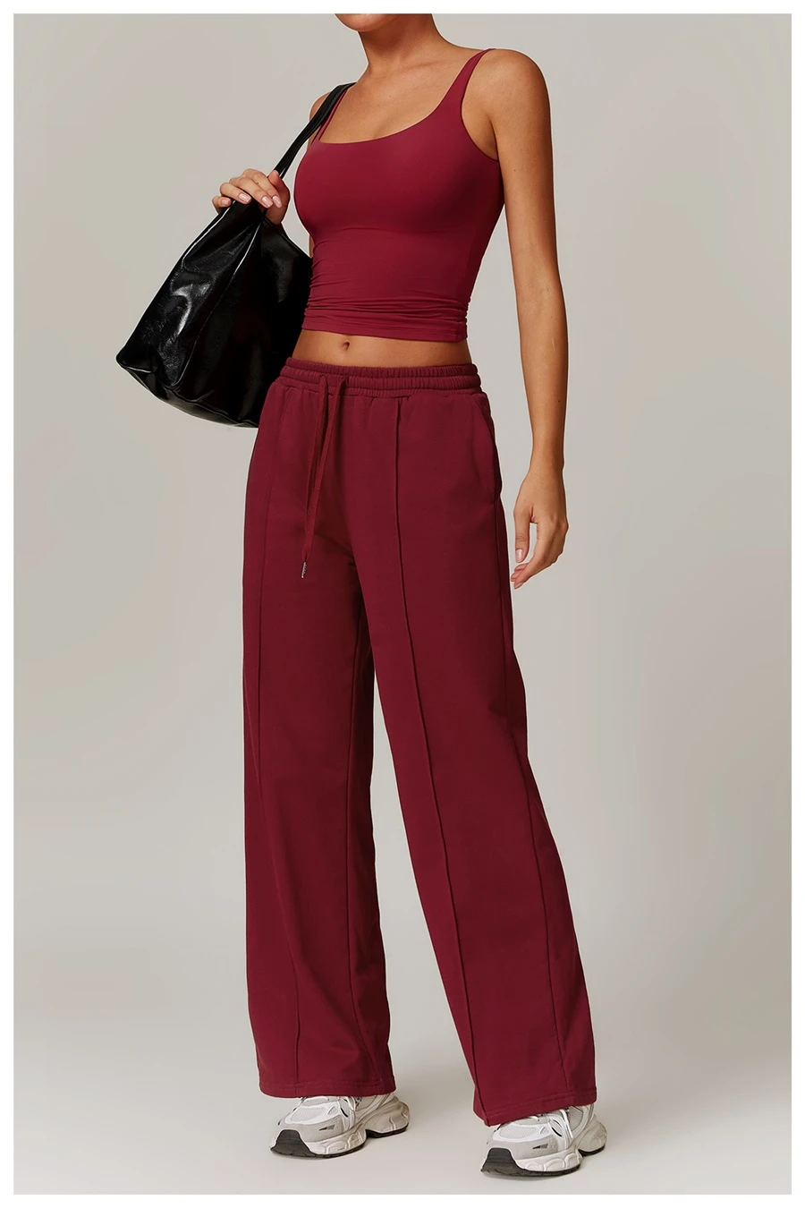 Women’s U-back quick-dry yoga tank top – square neck front view with sculpted open back, fitted tummy-control hem, in brushed nylon-spandex fabric-cherry red side view