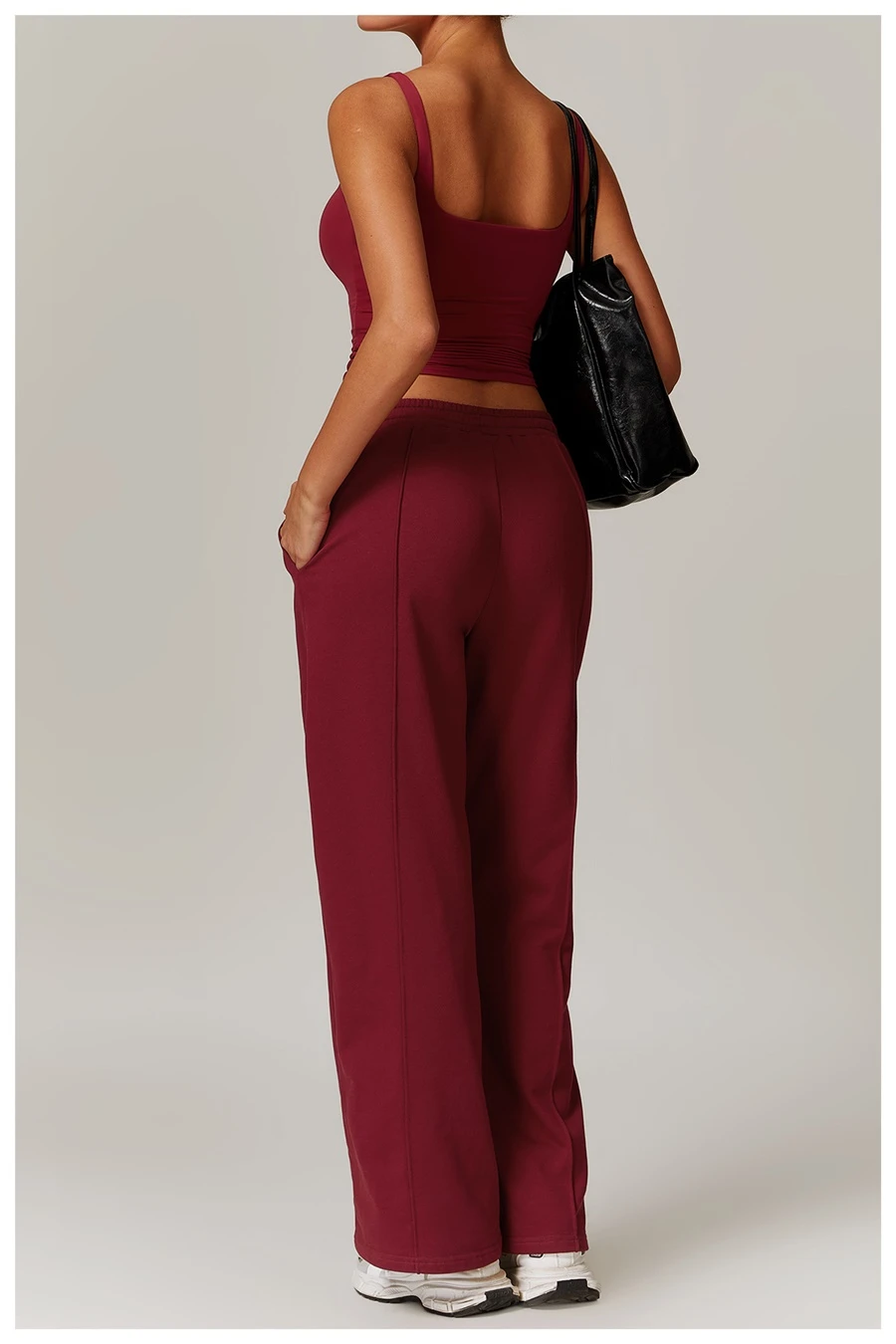 Women’s U-back quick-dry yoga tank top – square neck front view with sculpted open back, fitted tummy-control hem, in brushed nylon-spandex fabric-cherry red back view