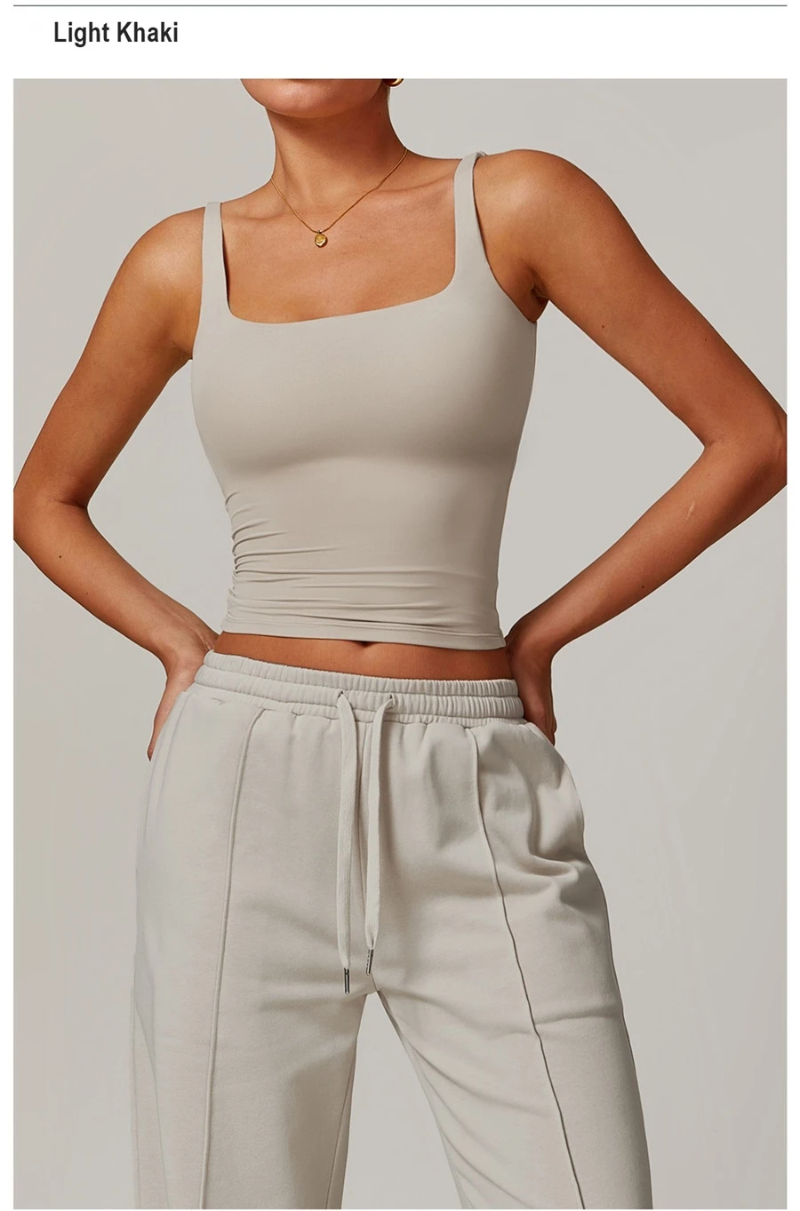 Women’s U-back quick-dry yoga tank top – square neck front view with sculpted open back, fitted tummy-control hem, in brushed nylon-spandex fabric-light khaki front view
