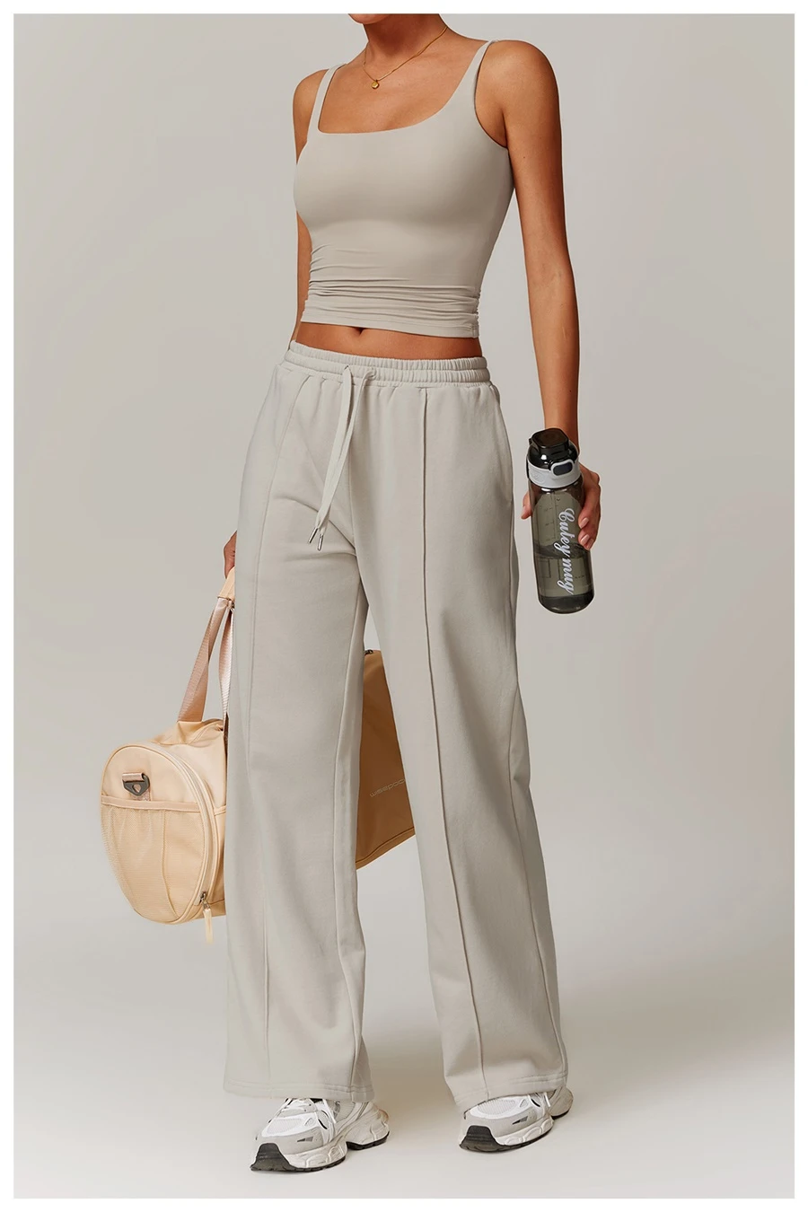 Women’s U-back quick-dry yoga tank top – square neck front view with sculpted open back, fitted tummy-control hem, in brushed nylon-spandex fabric-light khaki