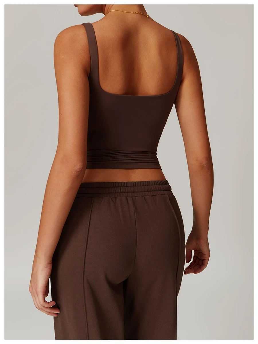 Women’s U-back quick-dry yoga tank top – square neck front view with sculpted open back, fitted tummy-control hem, in brushed nylon-spandex fabric-coffee back view