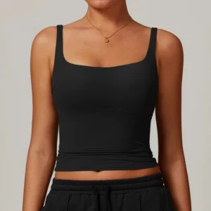 Women’s U-back quick-dry yoga tank top – square neck front view with sculpted open back, fitted tummy-control hem, in brushed nylon-spandex fabric.