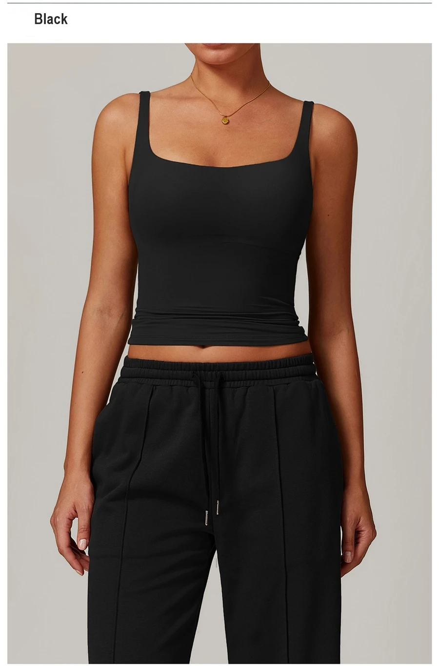 Women’s U-back quick-dry yoga tank top – square neck front view with sculpted open back, fitted tummy-control hem, in brushed nylon-spandex fabric-black front view