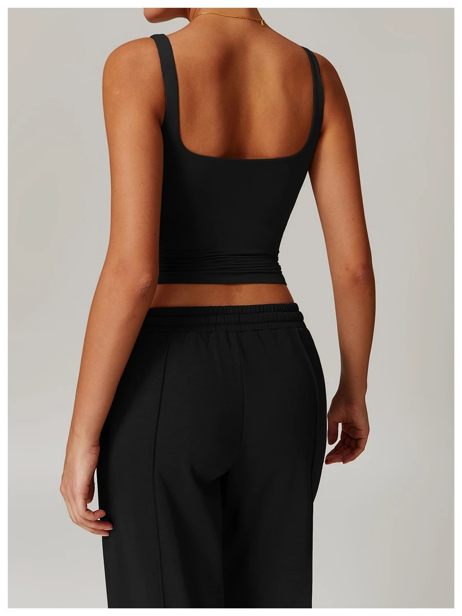 Women’s U-back quick-dry yoga tank top – square neck front view with sculpted open back, fitted tummy-control hem, in brushed nylon-spandex fabric-black back view